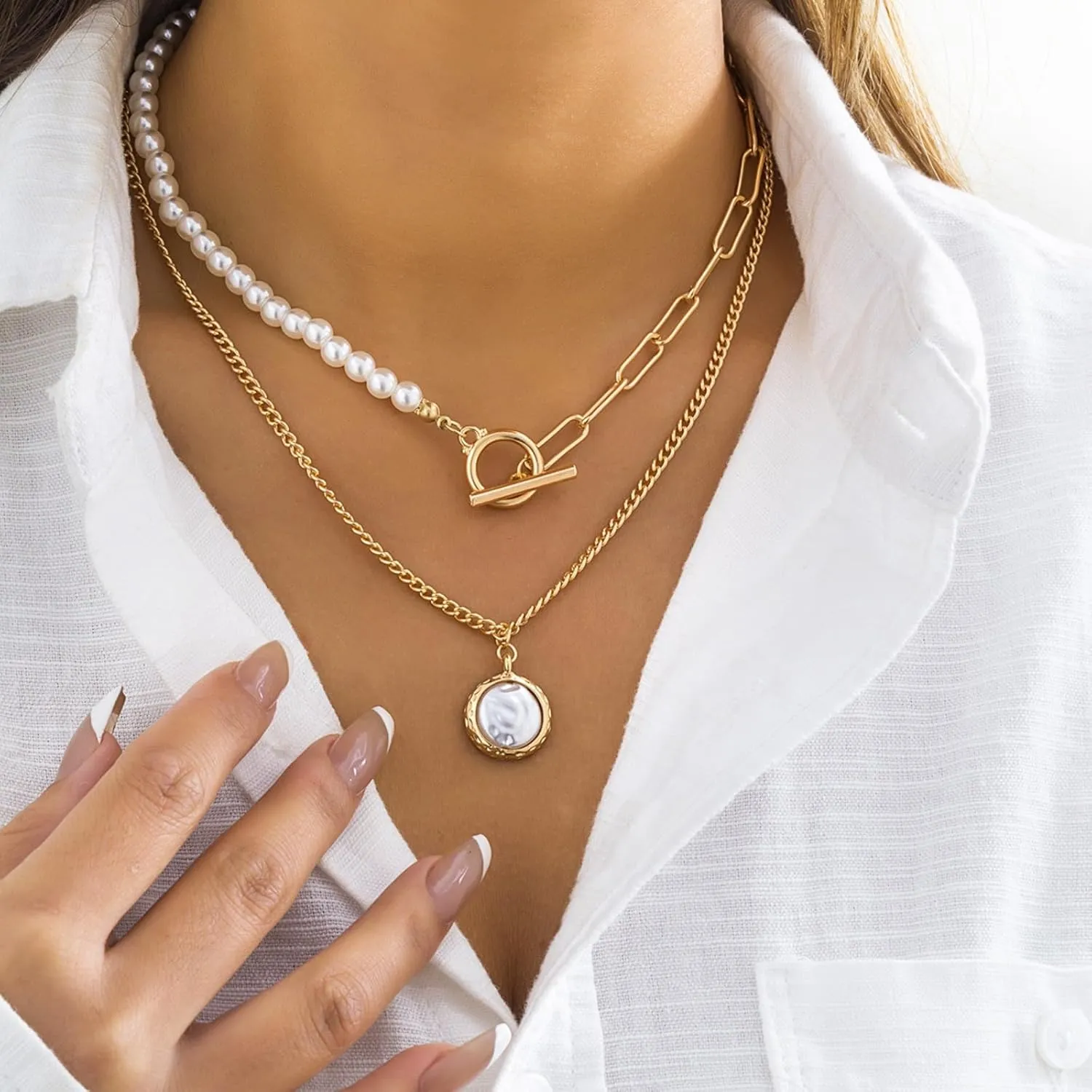 OT 14K Gold Plated Pearl Pendant Necklace - Vintage Charm Adjustable Choker Fashion Retro Charm Jewelry