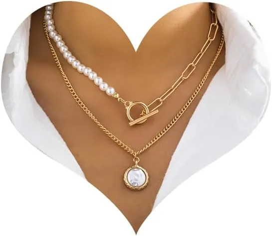 OT 14K Gold Plated Pearl Pendant Necklace - Vintage Charm Adjustable Choker Fashion Retro Charm Jewelry