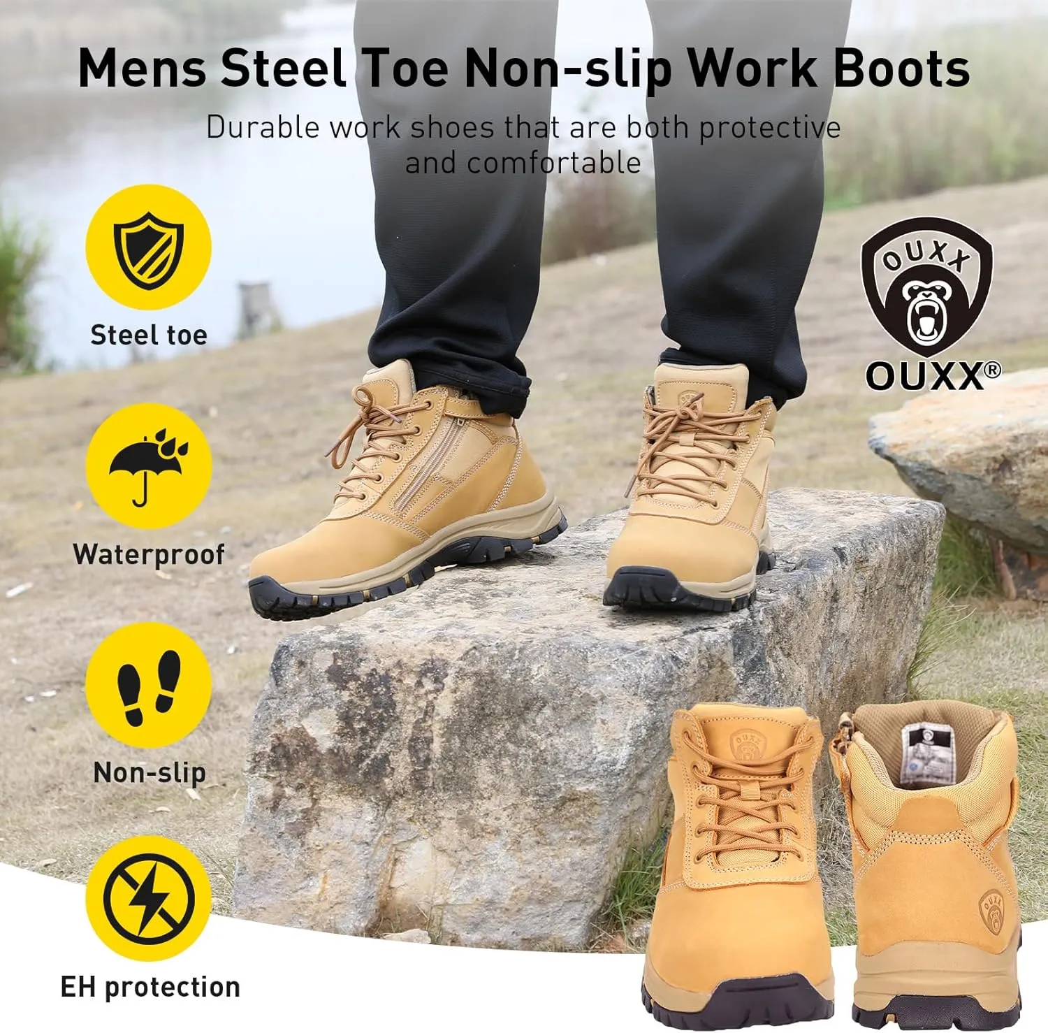 OUXX Men's Steel Toe Work Boots, YKK Zipper, Anti-Slip Rubber Outsole, Puncture-Proof & Water-Resistant(OX2518)