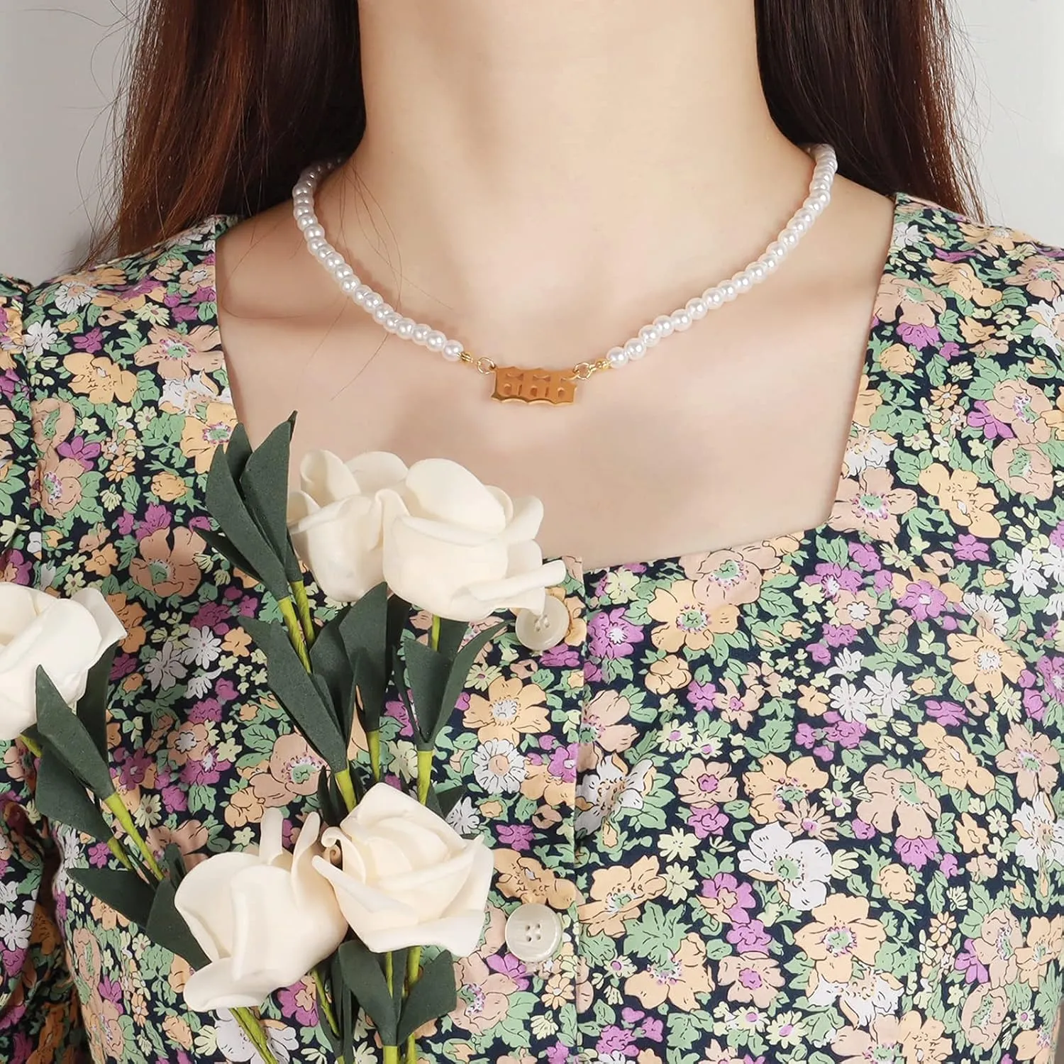 Pearl Angel Number Necklaces for Women,Pearl Necklace 111 222 333 444 555 777 888 999 Pendant Lucky Number Choker Jewelry Gold Plated Dainty Pendants Choker