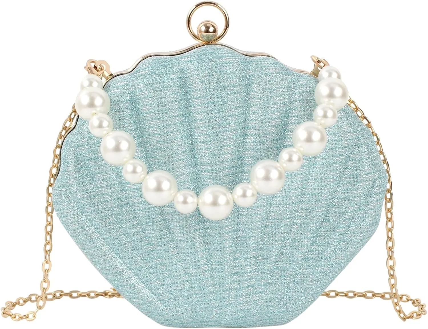 Pearl Chain Crossbody Pu Leather Mermaid Shoulder Glitter Seashell Evening Clutch Purse