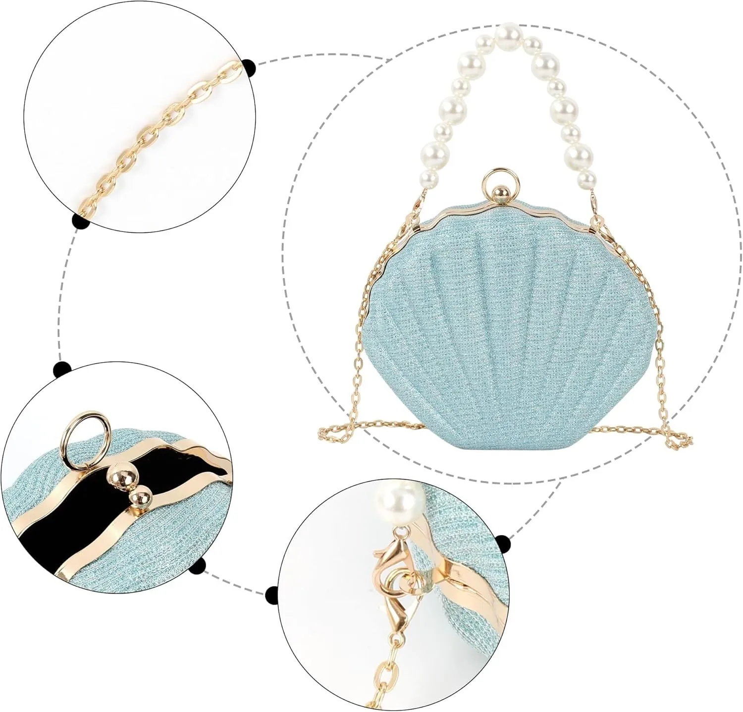 Pearl Chain Crossbody Pu Leather Mermaid Shoulder Glitter Seashell Evening Clutch Purse
