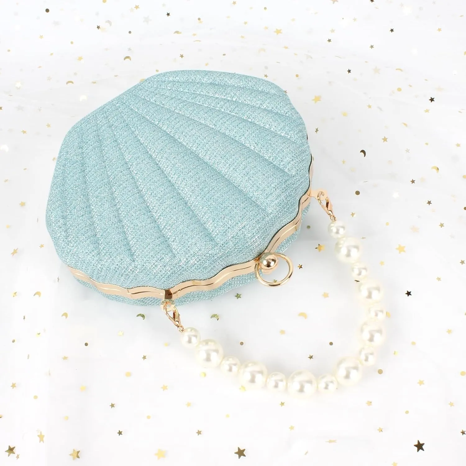 Pearl Chain Crossbody Pu Leather Mermaid Shoulder Glitter Seashell Evening Clutch Purse