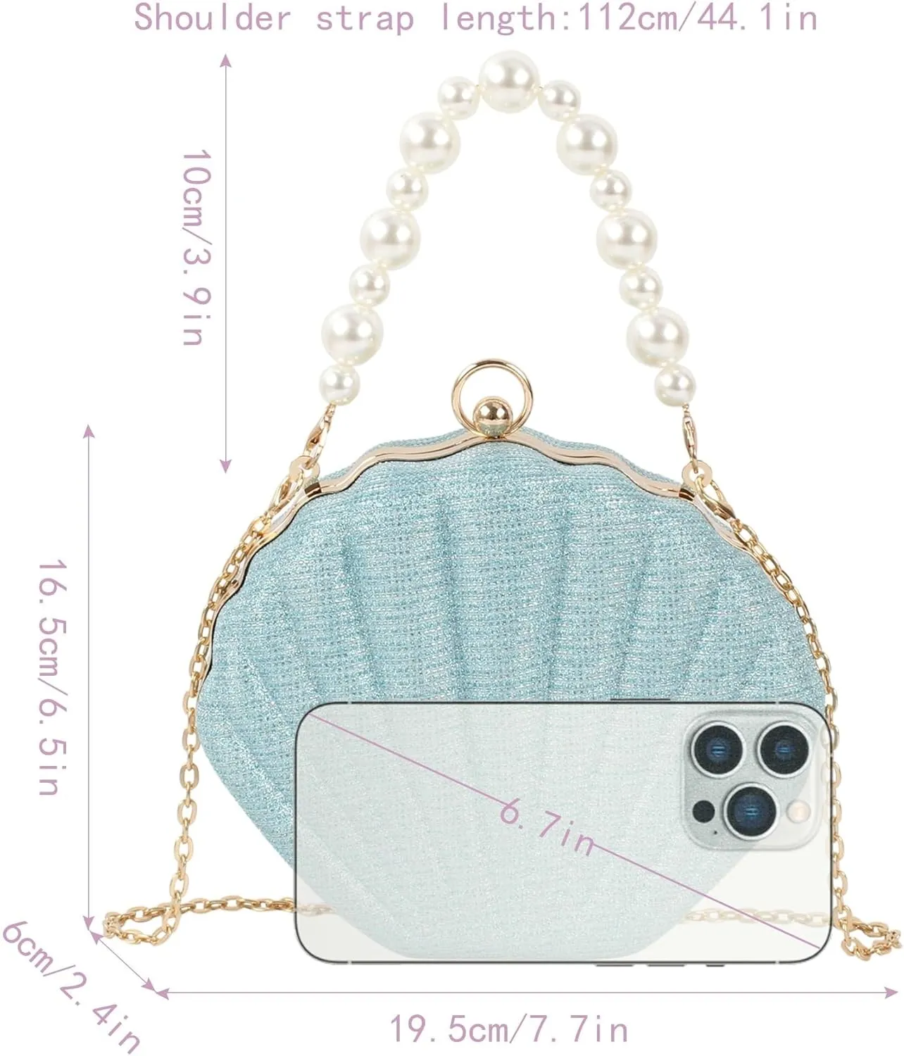 Pearl Chain Crossbody Pu Leather Mermaid Shoulder Glitter Seashell Evening Clutch Purse