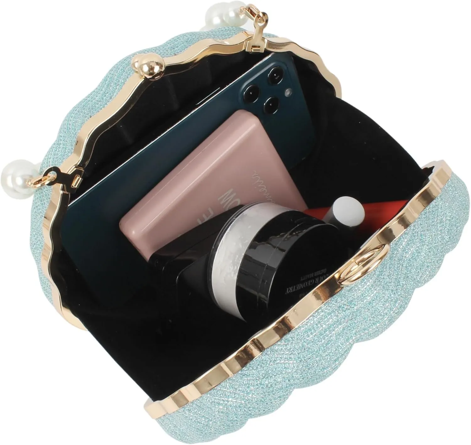 Pearl Chain Crossbody Pu Leather Mermaid Shoulder Glitter Seashell Evening Clutch Purse