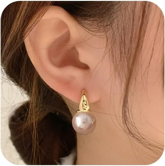 Pearl Earrings for Women Gold Hoop Earrings Trendy Pearl Huggie Earrings Elegant Hypoallergenic Dangle Earrings Wedding Jewelry Gifts for Women