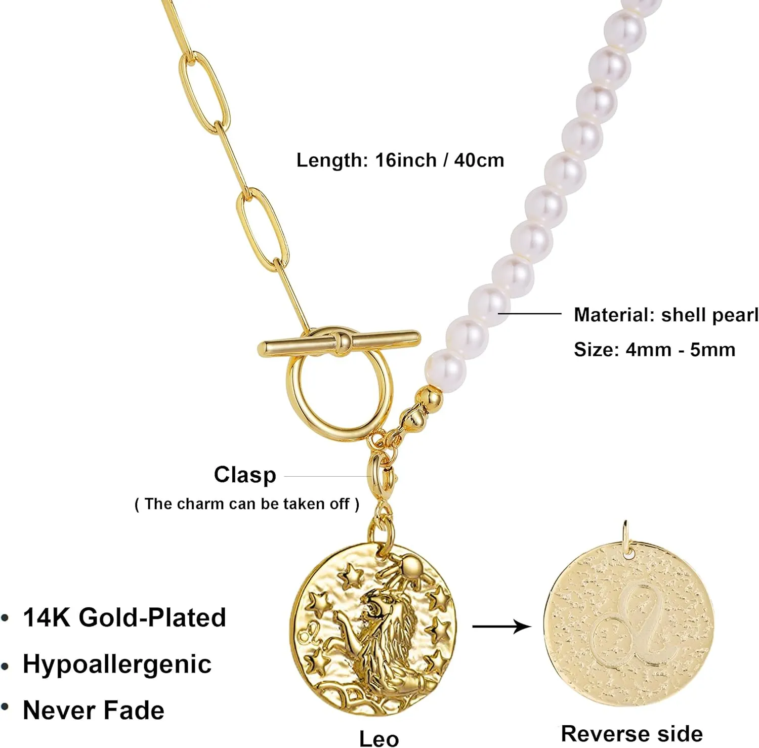 Pearl Necklace for Women 14K Gold Plated Zodiac Necklace Pearl Paperclip Chain Choker Toggle Clasp 12 Constellations Pendant Necklaces Jewelry for Women