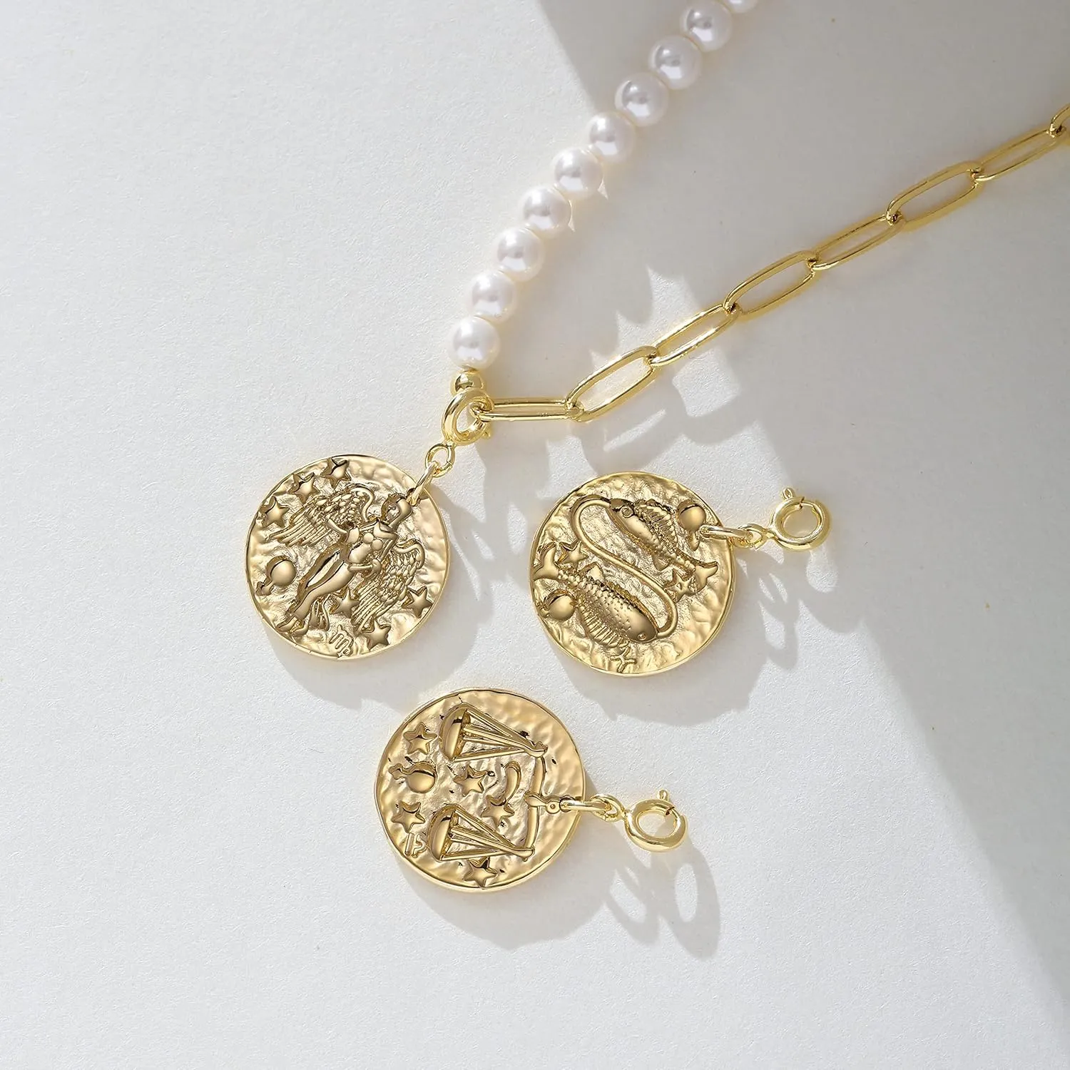 Pearl Necklace for Women 14K Gold Plated Zodiac Necklace Pearl Paperclip Chain Choker Toggle Clasp 12 Constellations Pendant Necklaces Jewelry for Women