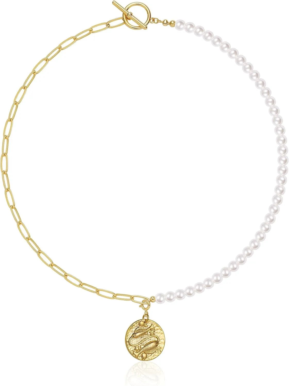 Pearl Necklace for Women 14K Gold Plated Zodiac Necklace Pearl Paperclip Chain Choker Toggle Clasp 12 Constellations Pendant Necklaces Jewelry for Women