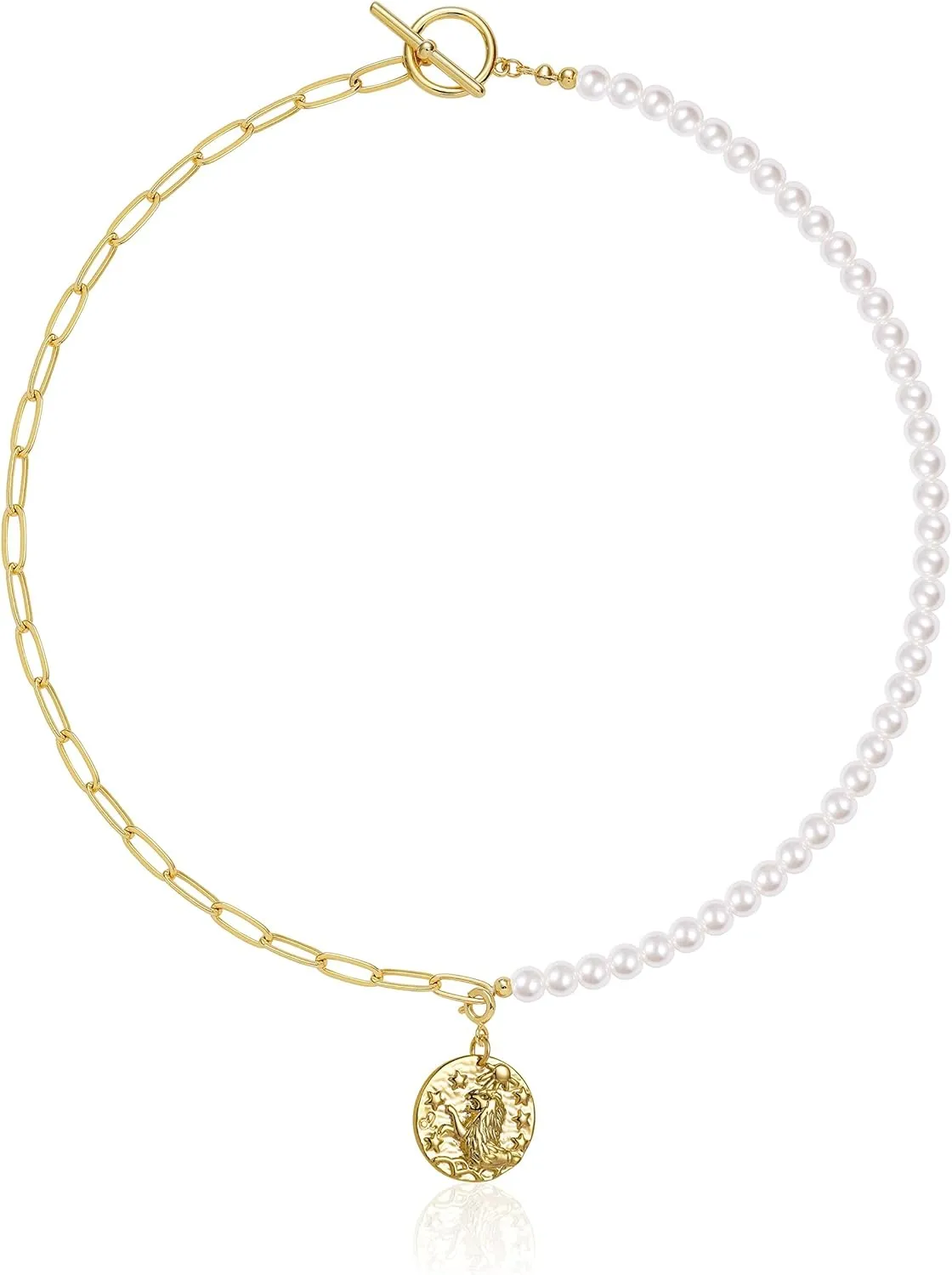 Pearl Necklace for Women 14K Gold Plated Zodiac Necklace Pearl Paperclip Chain Choker Toggle Clasp 12 Constellations Pendant Necklaces Jewelry for Women
