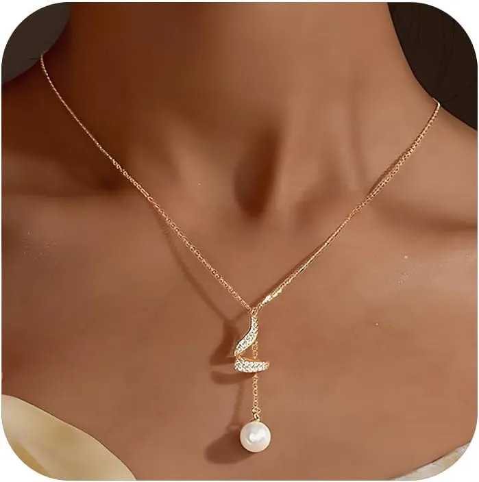 Pearl Necklaces for Women 925 Sterling Silver Single Drop Pearl Pendant Necklace 14K Gold Plated Hollow Conch Shape CZ Choker Chain Necklace Graduation Jewelry Birthday Summer Ocean Gifts