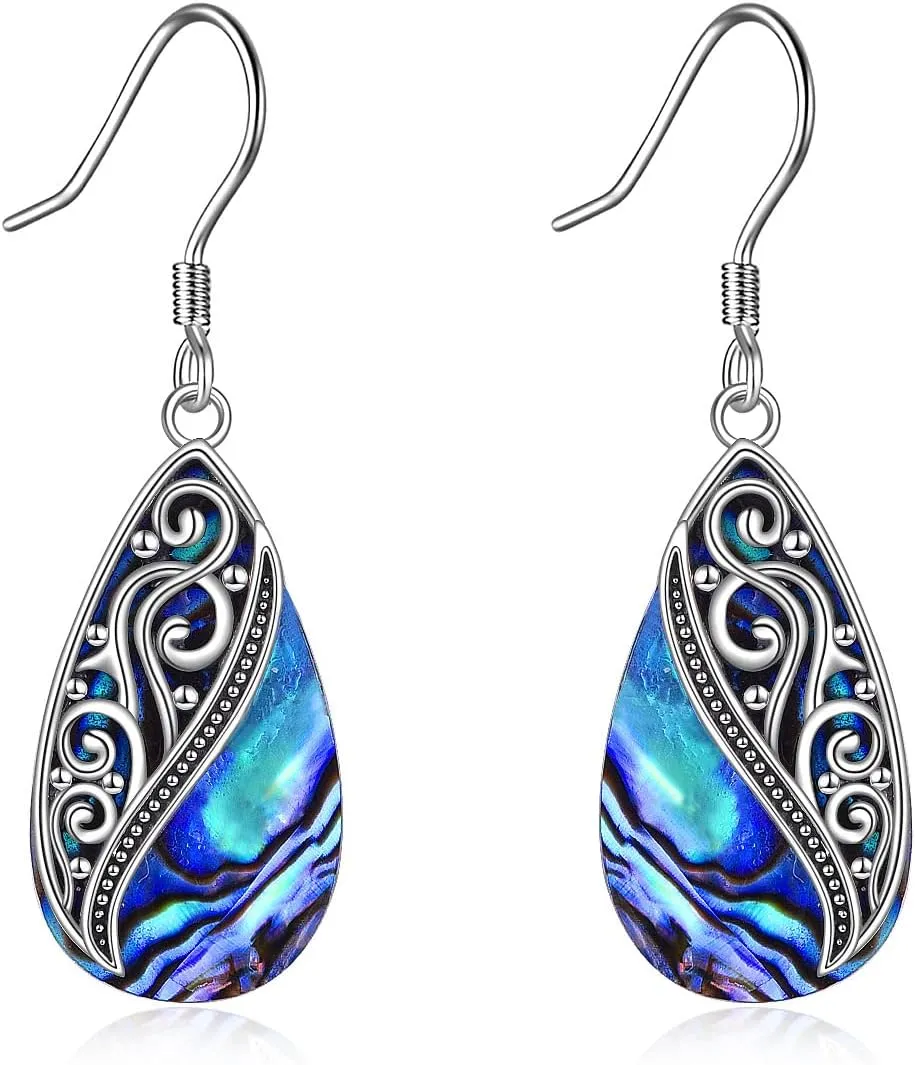 POPLYKE Abalone Shell Filigree Teardrop Drop Dangle Earrings Sterling Silver Vintage Leverback Earrings Jewelry