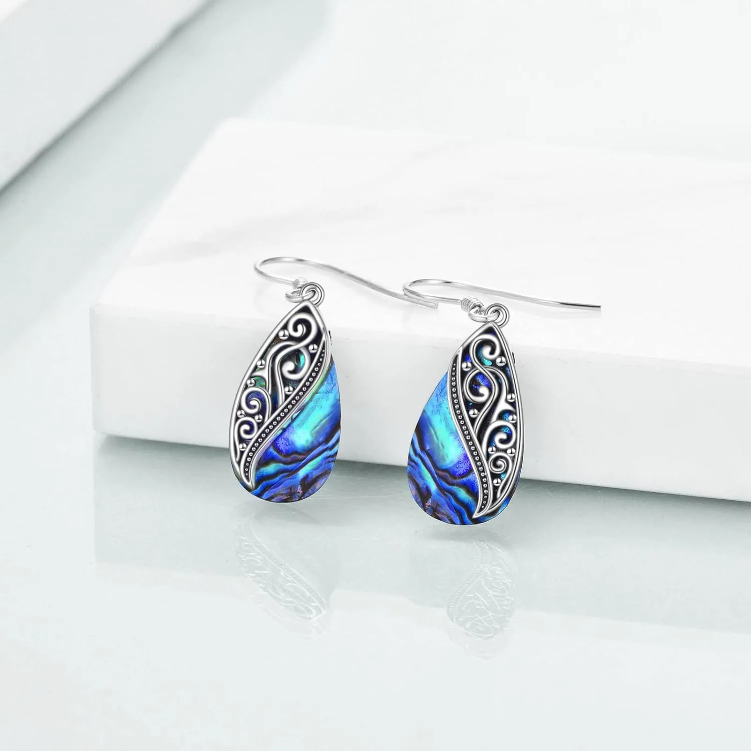 POPLYKE Abalone Shell Filigree Teardrop Drop Dangle Earrings Sterling Silver Vintage Leverback Earrings Jewelry