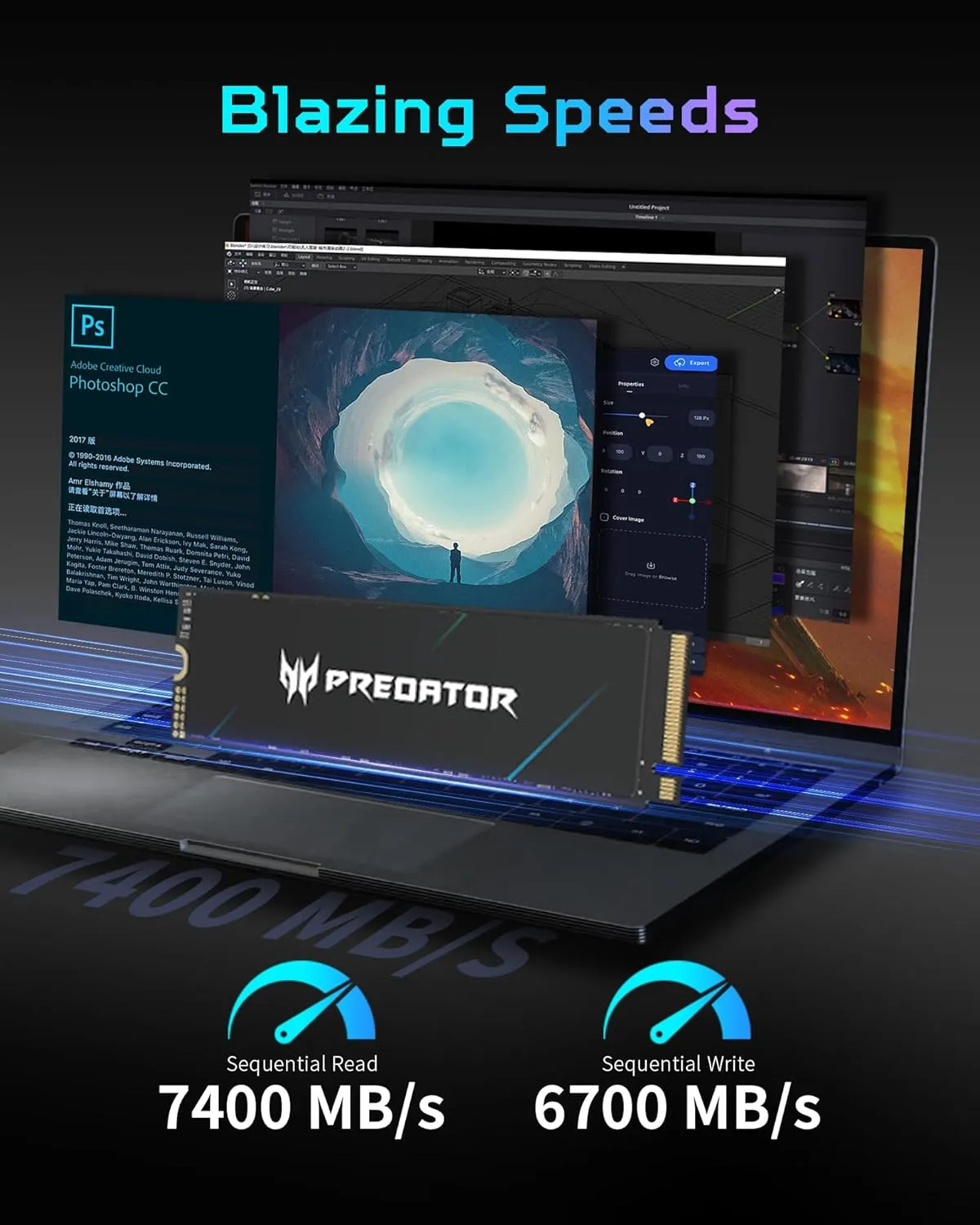 Predator M.2 SSD 2TB GM7000 with DRAM Cache NVMe 1.4 2280 PCIe Gen44 Ultra high Speed (Maximum Read: 7400MB/s, max Write: 6700MB/s) 3D NAND TLC Internal SSD Compatible with PS5 Pro - BL.9BWWR.106