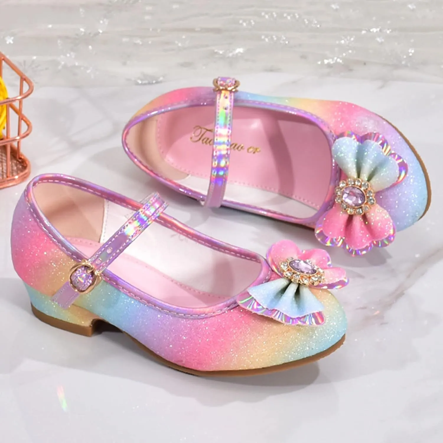 Prom Shoes Toddler Low Heel Dress Shoes for Girls Bowknot Sparkl Mary Jane Flower Wedding Birthday Party Flats