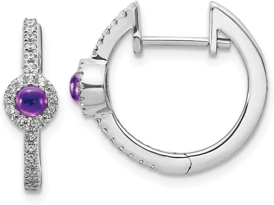 Real 14k White Gold Diamond and Cabachon Amethyst Purple February Gemstone Huggie Earrings - 16mm x 17mm (.208 cttw.)