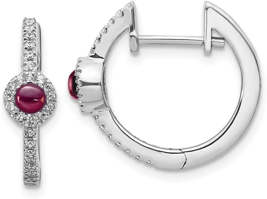 Real 14k White Gold Diamond and Cabachon Rhodolite Garnet Huggie Earrings - 16mm x 17mm (.208 cttw.)