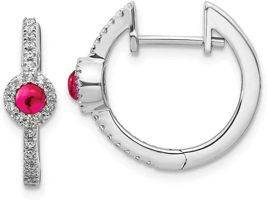 Real 14k White Gold Diamond and Cabachon Ruby Huggie Earrings - 16mm x 17mm (.208 cttw.)