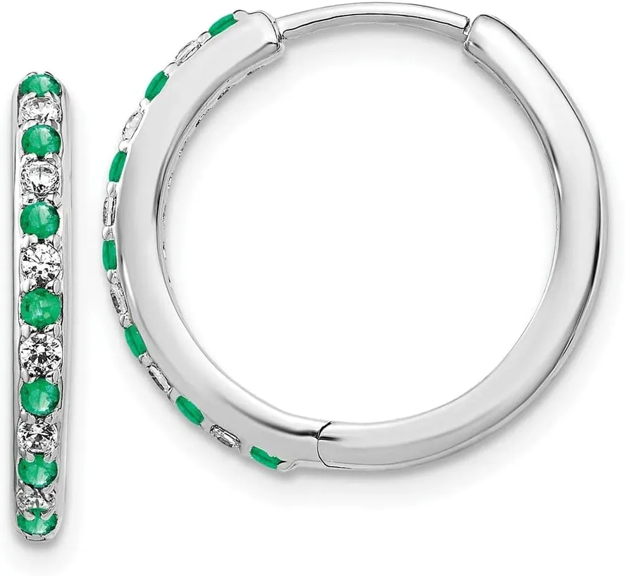 Real 14k White Gold Diamond and Emerald Green May Gemstone Hinged Hoop Huggie Earrings - 18mm x 19mm (.18 cttw.)