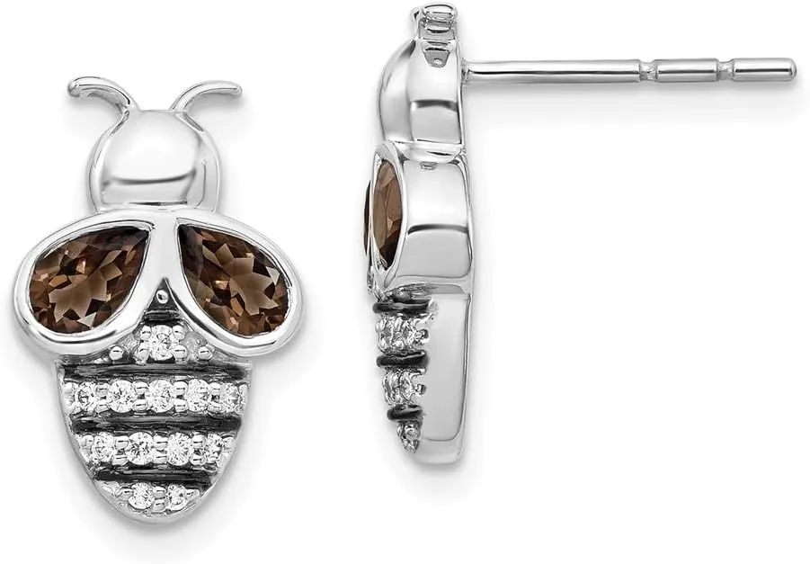 Real 14k White Gold Diamond and Smokey Quartz Bee Button Post Studs Earrings - 16mm x 10mm (.132 cttw.)