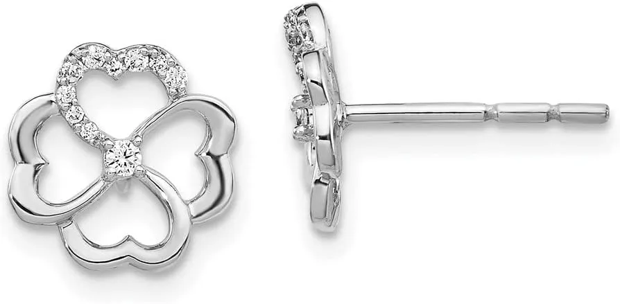 Real 14k White Gold Diamond Unique Clover Button Post Studs Earrings 9mm (.092 cttw.)