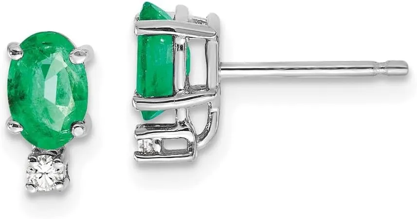 Real 14k White Gold Emerald Green May Gemstone Diamond Post Studs Earrings - 9mm x 4mm (.04 cttw.)