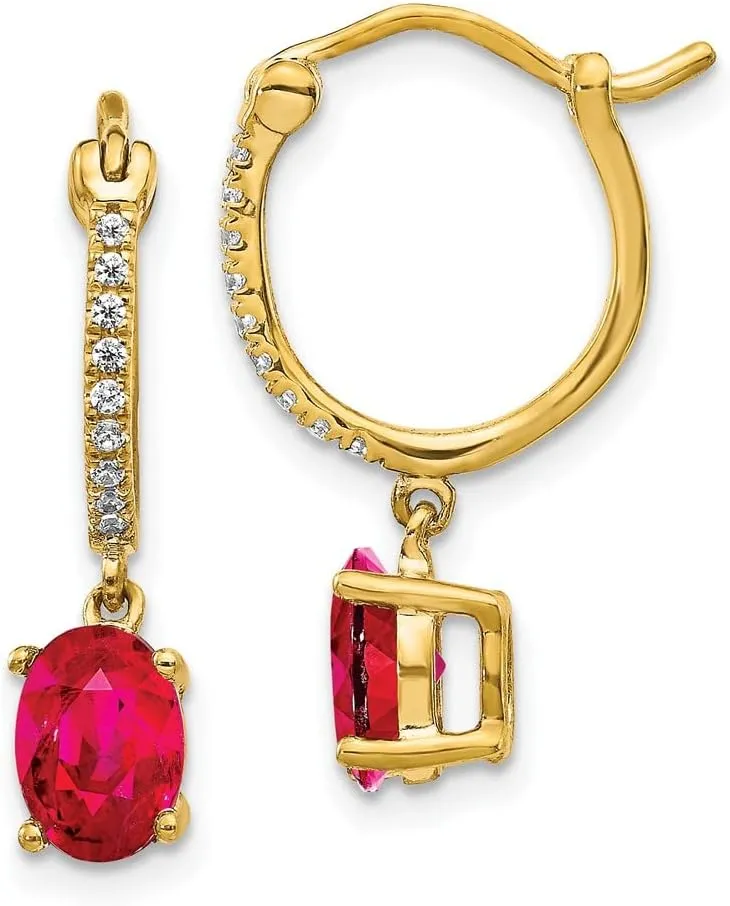 Real 14k Yellow Gold 1/10ct Diamond and Ruby Dangle Hoop Earrings - 22mm x 5mm