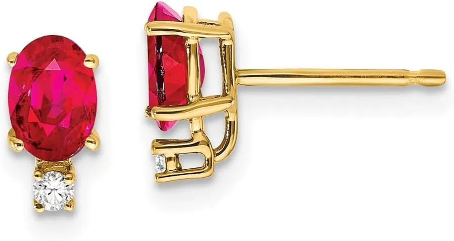 Real 14k Yellow Gold 6x4mm Oval Ruby and Diamond Studs Earrings - 9mm x 4mm (.04 cttw.)