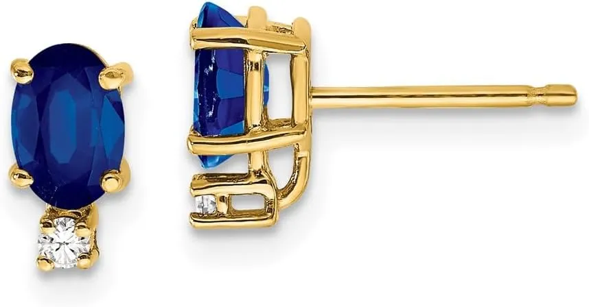 Real 14k Yellow Gold 6x4mm Oval Sapphire Blue September Gemstone VS Diamond Studs Earrings - 9mm x 4mm (.04 cttw.)