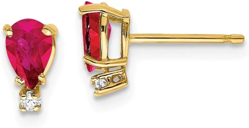 Real 14k Yellow Gold 6x4mm Pear Ruby Diamond Studs Earrings - 8mm x 4mm (.034 cttw.)
