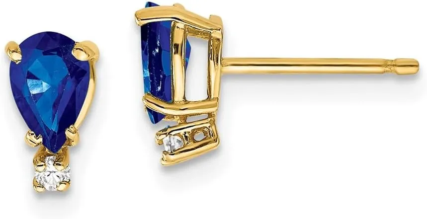 Real 14k Yellow Gold 6x4mm Pear Sapphire Blue September Gemstone and Diamond Studs Earrings - 8mm x 4mm (.034 cttw.)