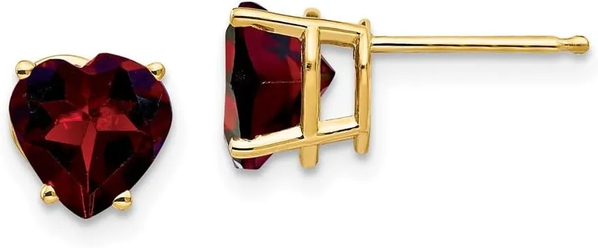 Real 14k Yellow Gold 7mm Heart Garnet January Red Gemstone Studs Earrings 7mm
