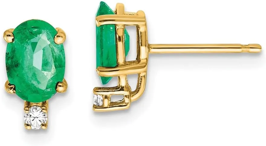 Real 14k Yellow Gold 7x5mm Oval Emerald Green May Gemstone and Diamond Studs Earrings - 10mm x 5mm (.056 cttw.)
