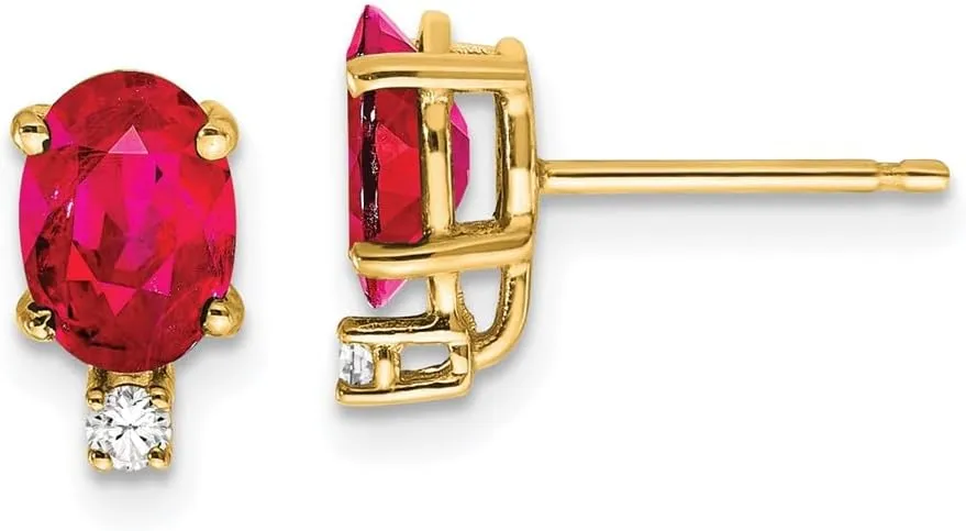 Real 14k Yellow Gold 7x5mm Oval Ruby and Diamond Studs Earrings - 10mm x 5mm (.056 cttw.)