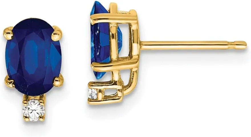 Real 14k Yellow Gold 7x5mm Oval Sapphire Blue September Gemstone and Diamond Studs Earrings - 10mm x 5mm (.056 cttw.)