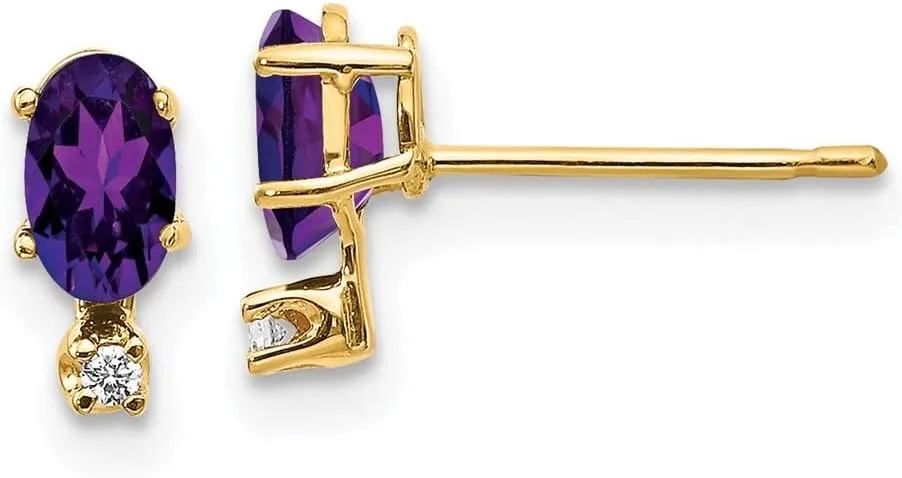 Real 14k Yellow Gold Diamond and Amethyst Purple February Gemstone Birthstone Studs Earrings - 7mm x 3mm (.016 cttw.)