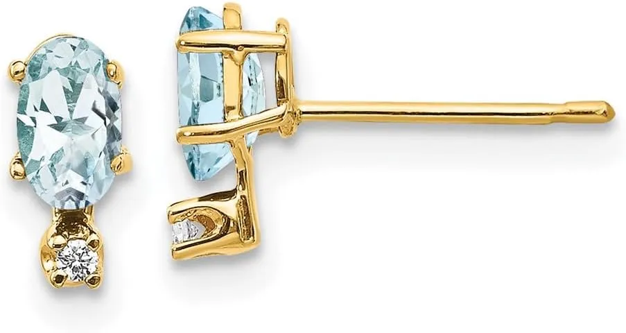 Real 14k Yellow Gold Diamond and Aquamarine Blue March Gemstone Birthstone Studs Earrings - 7mm x 3mm (.016 cttw.)