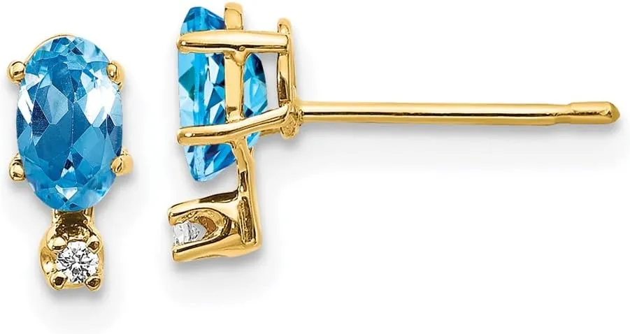 Real 14k Yellow Gold Diamond and Blue Topaz Birthstone Studs Earrings - 7mm x 3mm (.016 cttw.)