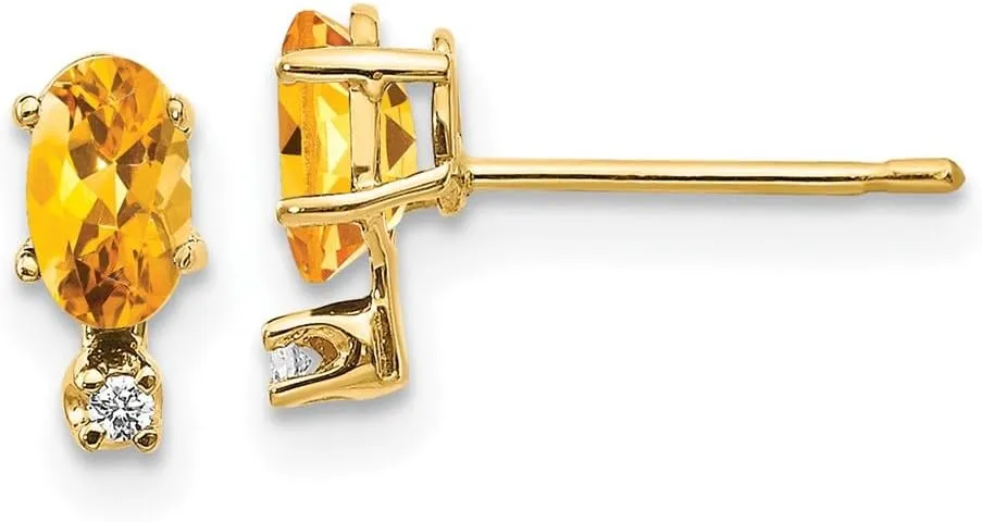 Real 14k Yellow Gold Diamond and Citrine Yellow November Gemstone Birthstone Studs Earrings - 7mm x 3mm (.016 cttw.)