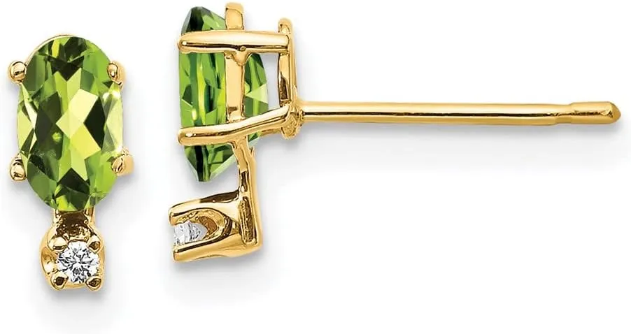 Real 14k Yellow Gold Diamond and Peridot Green August Gemstone Birthstone Studs Earrings - 7mm x 3mm (.016 cttw.)