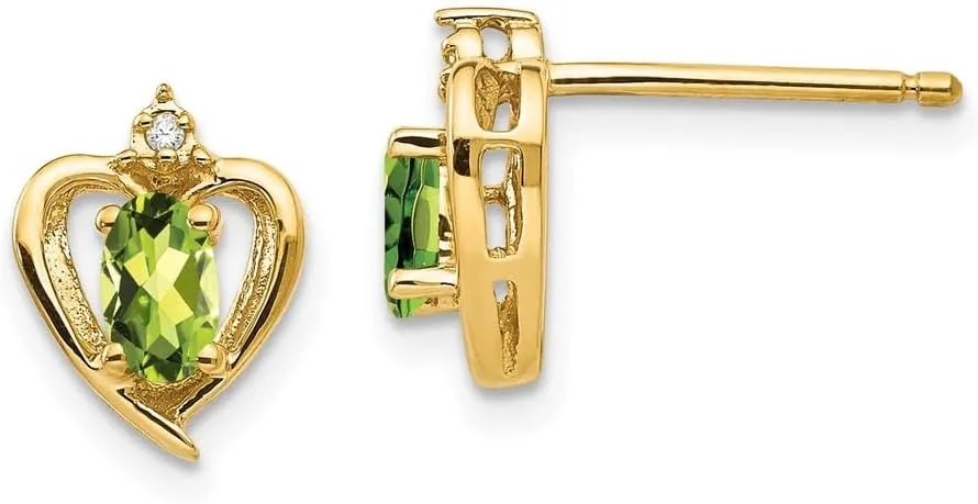 Real 14k Yellow Gold Diamond and Peridot Green August Gemstone Studs Earrings - 17mm x 10mm (.01 cttw.)