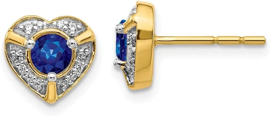Real 14k Yellow Gold Diamond and Sapphire Blue September Gemstone Unique Heart Studs Post Earrings - 8mm x 9mm (.104 cttw.)