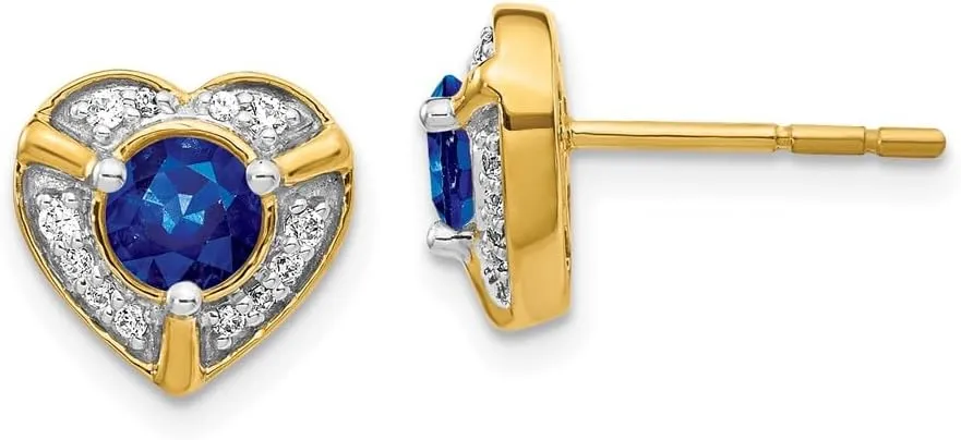 Real 14k Yellow Gold Diamond and Sapphire Blue September Gemstone Unique Heart Studs Post Earrings - 9mm x 10mm (.136 cttw.)