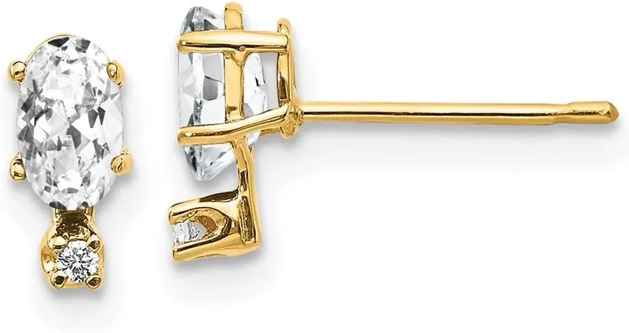 Real 14k Yellow Gold Diamond and White Topaz Birthstone Studs Earrings - 7mm x 3mm (.016 cttw.)