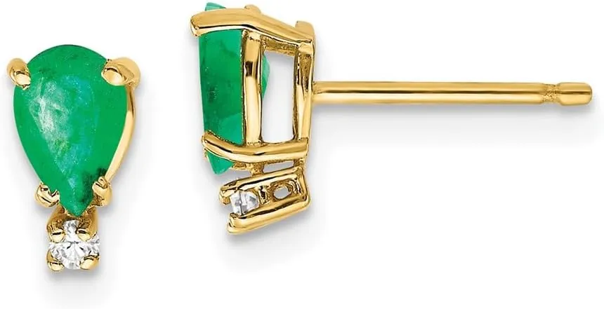 Real 14k Yellow Gold Emerald Green May Gemstone Diamond Post Studs Earrings - 8mm x 4mm (.034 cttw.)