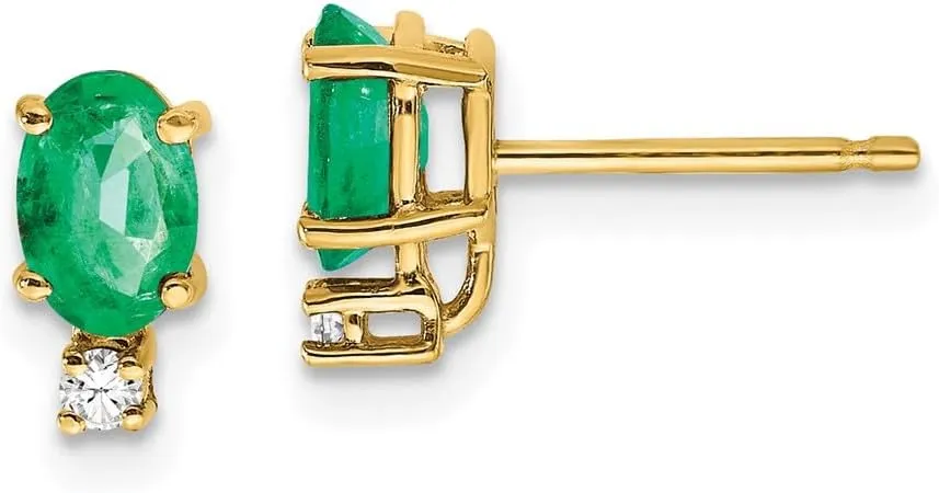 Real 14k Yellow Gold Emerald Green May Gemstone Diamond Post Studs Earrings - 9mm x 4mm (.04 cttw.)