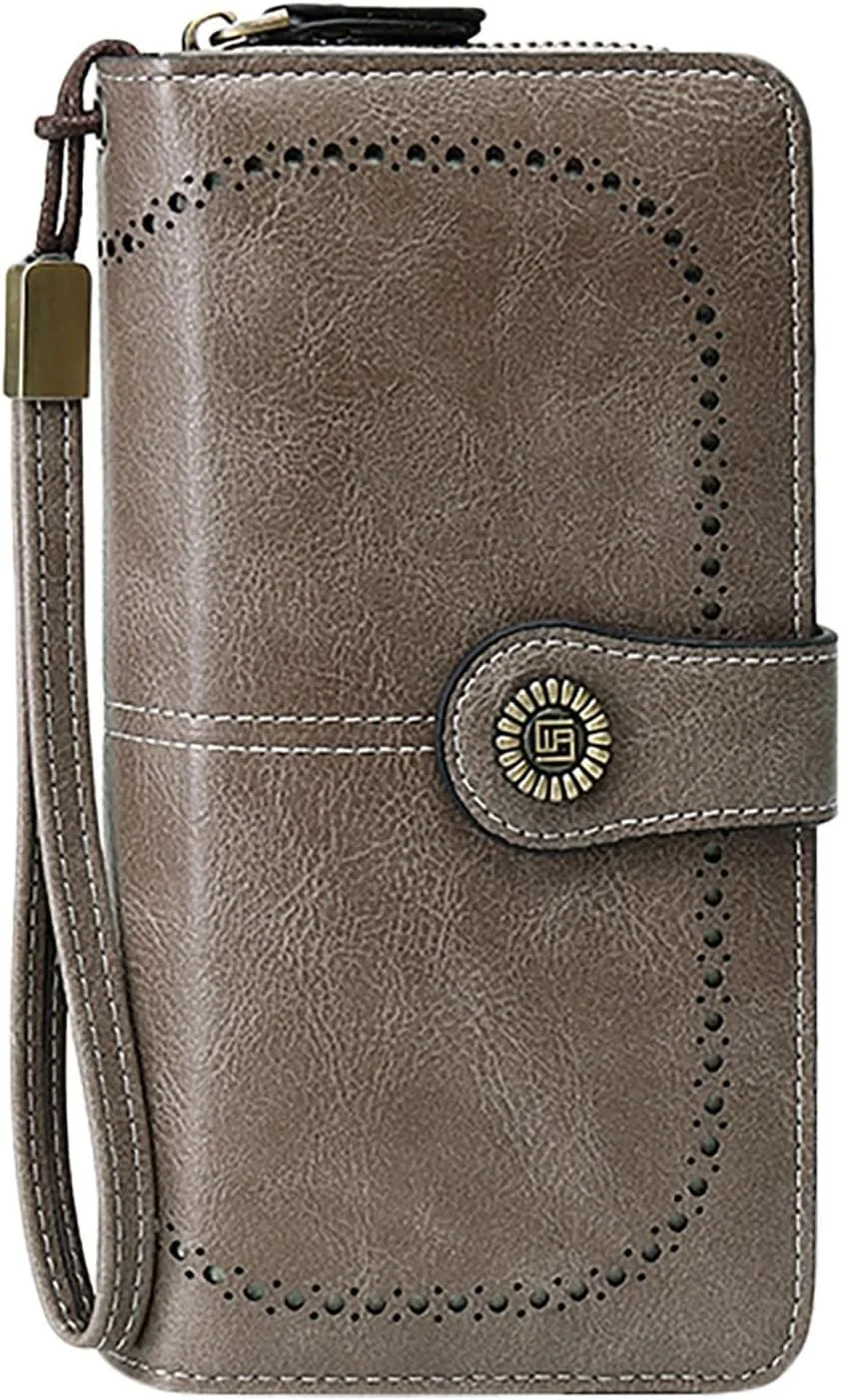 Rfid Wallet Women, Leather Wallet Wristlet, Large Capacity Bifold Rfid Blocking Zip Around Clutch Purses Credit Card Wallet