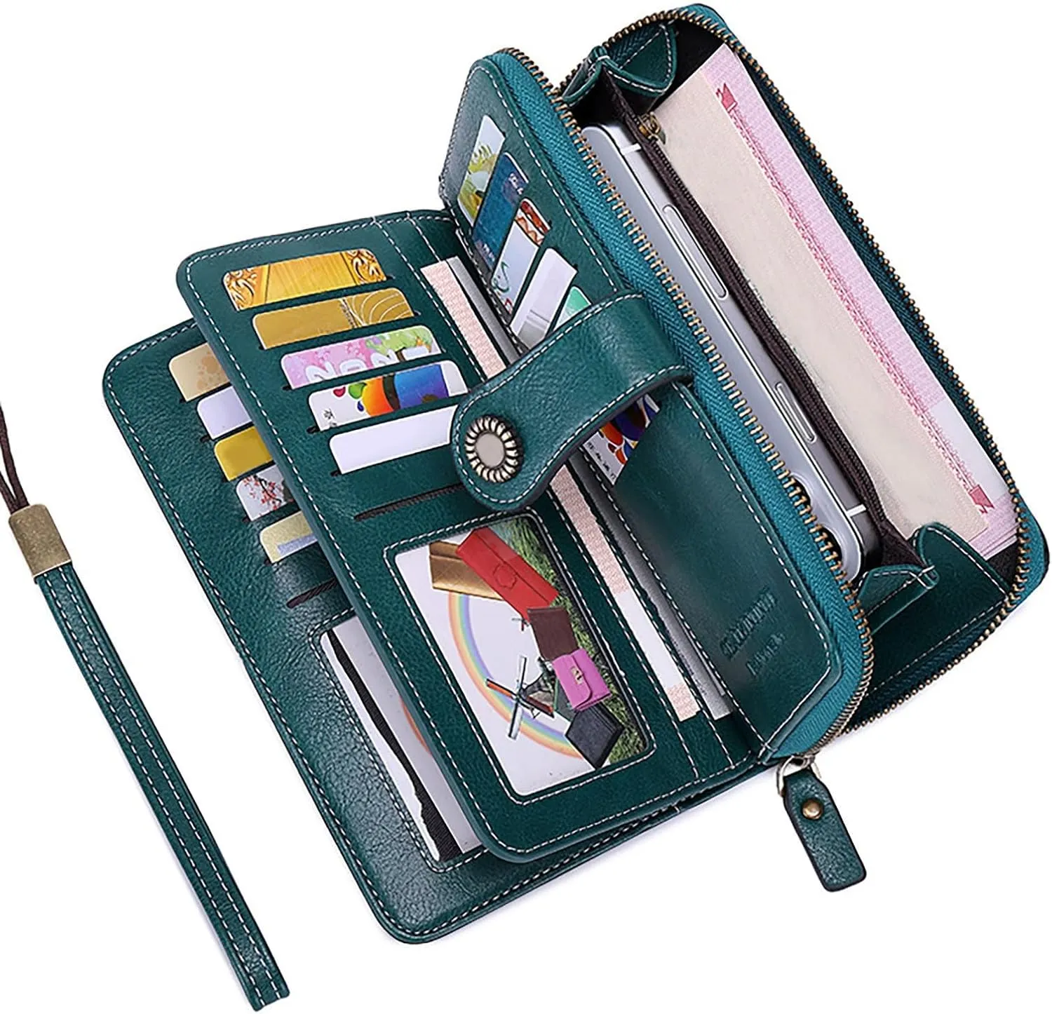 Rfid Wallet Women, Leather Wallet Wristlet, Large Capacity Bifold Rfid Blocking Zip Around Clutch Purses Credit Card Wallet