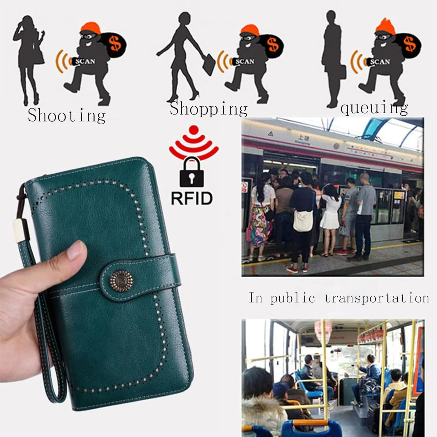 Rfid Wallet Women, Leather Wallet Wristlet, Large Capacity Bifold Rfid Blocking Zip Around Clutch Purses Credit Card Wallet