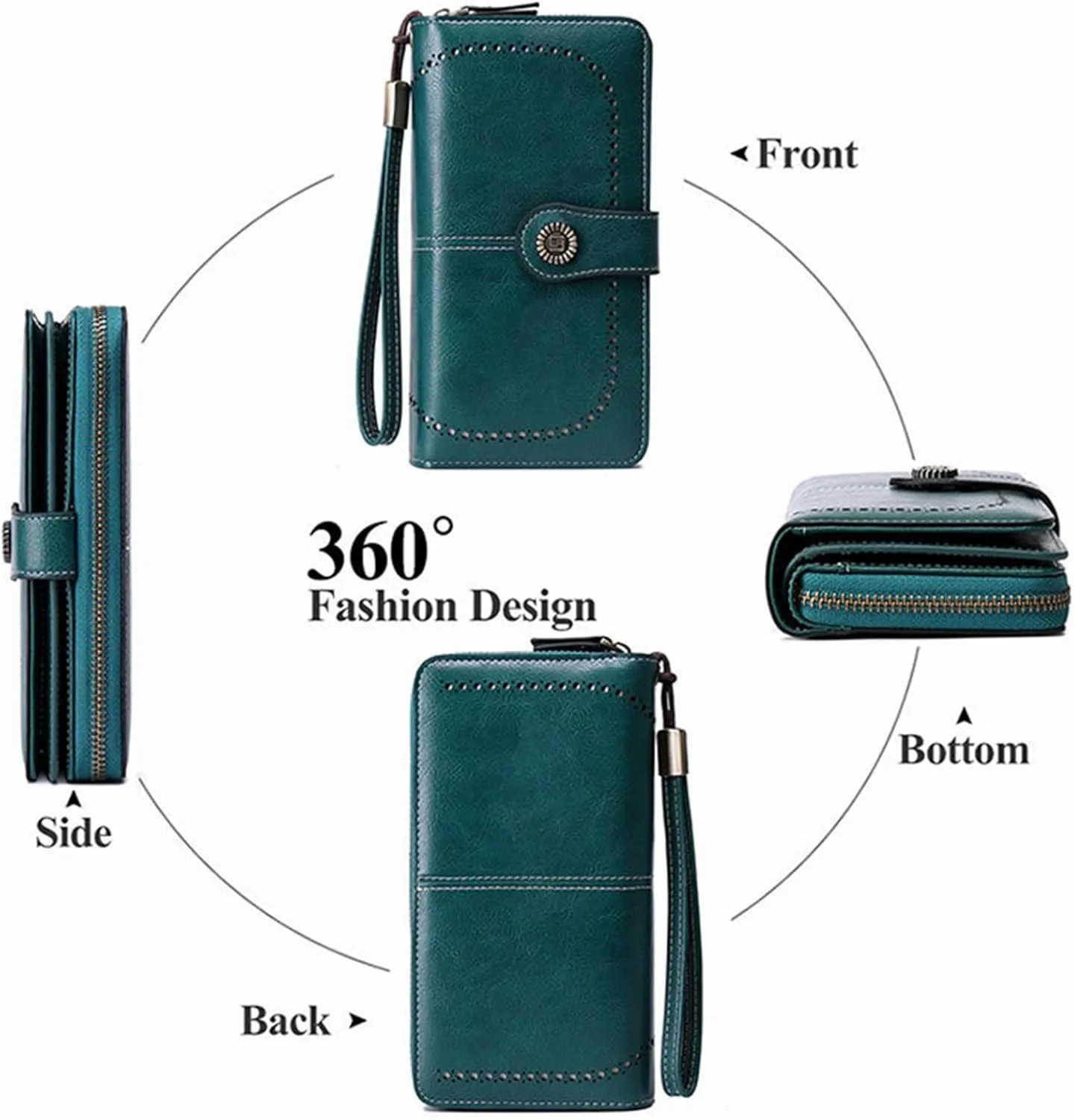 Rfid Wallet Women, Leather Wallet Wristlet, Large Capacity Bifold Rfid Blocking Zip Around Clutch Purses Credit Card Wallet